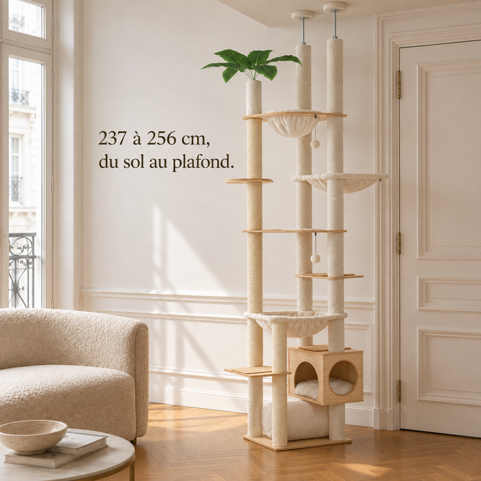 Arbre à chat sol-plafond beige sur toute sa hauteur, réglable de 237 à 256 cm