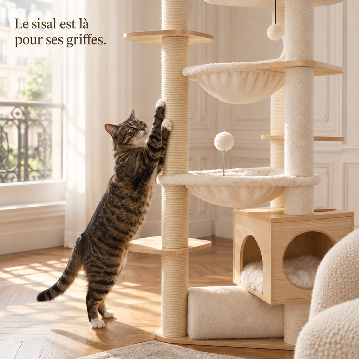 Chat qui griffe un poteau de sisal de l'arbre à chat sol-plafond beige