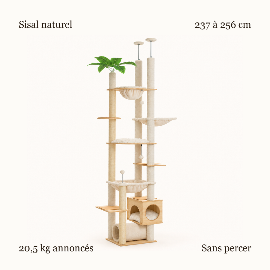 Synthèse de l'arbre à chat sol-plafond beige : sisal naturel, 237 à 256 cm, 20,5 kg annoncés, sans perçage