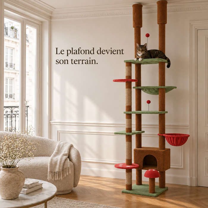 Arbre à chat sol-plafond brun calé du sol au plafond dans un salon, un chat sur un plateau