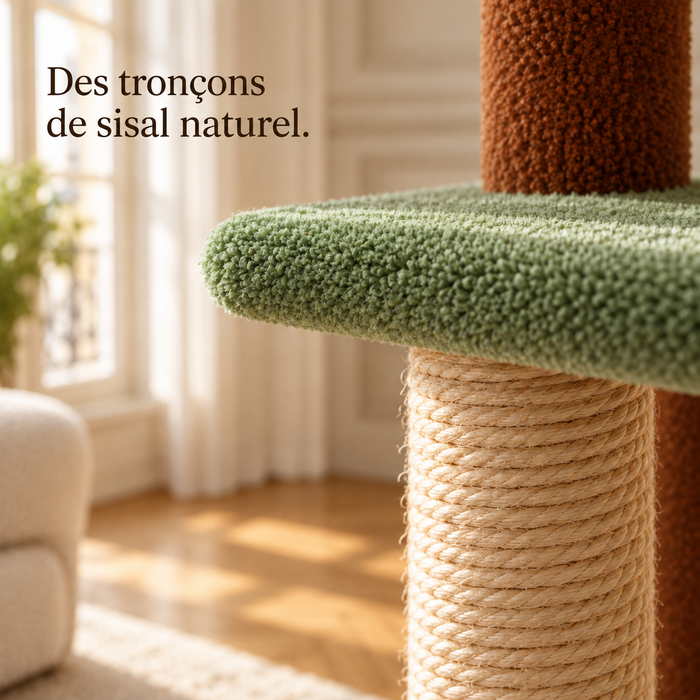 Tronçons de sisal naturel sur un poteau en peluche brune de l'arbre à chat sol-plafond brun