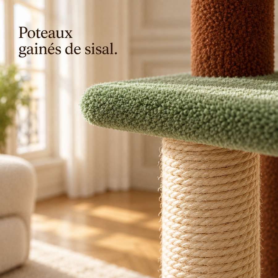 Poteaux gainés de sisal de l'arbre à chat sol-plafond brun, détail de matière