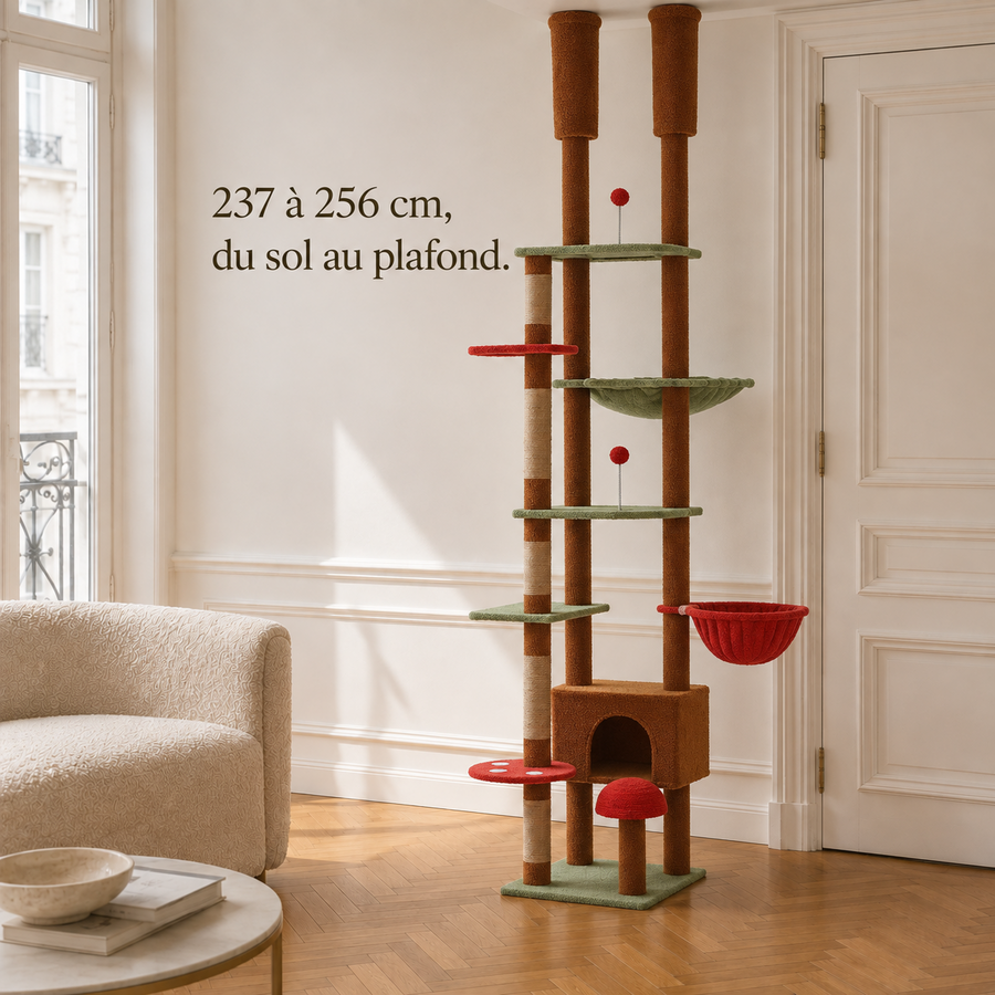 Arbre à chat sol-plafond brun sur toute sa hauteur, réglable de 237 à 256 cm