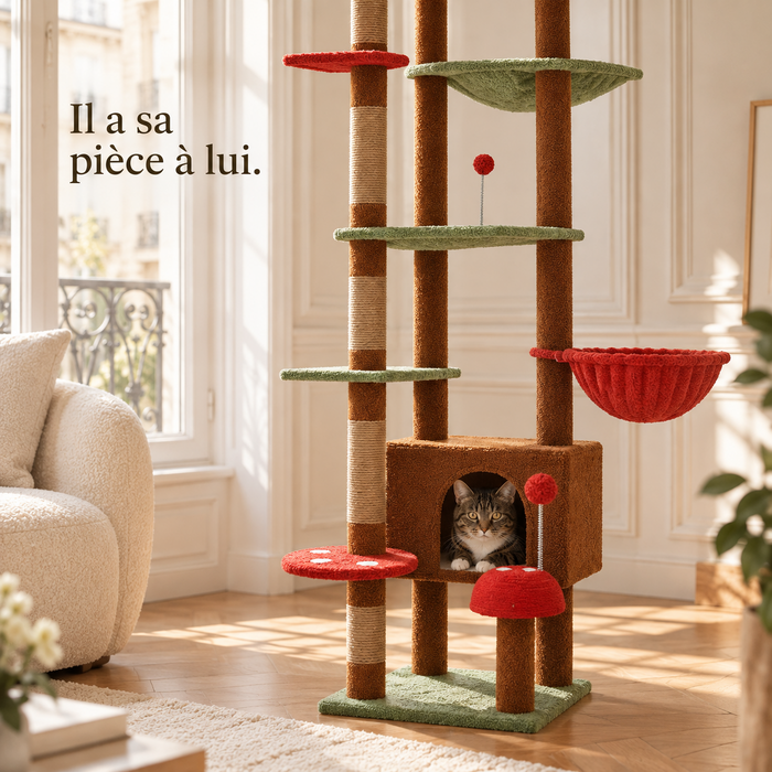 Chat installé dans la niche fermée de l'arbre à chat sol-plafond brun