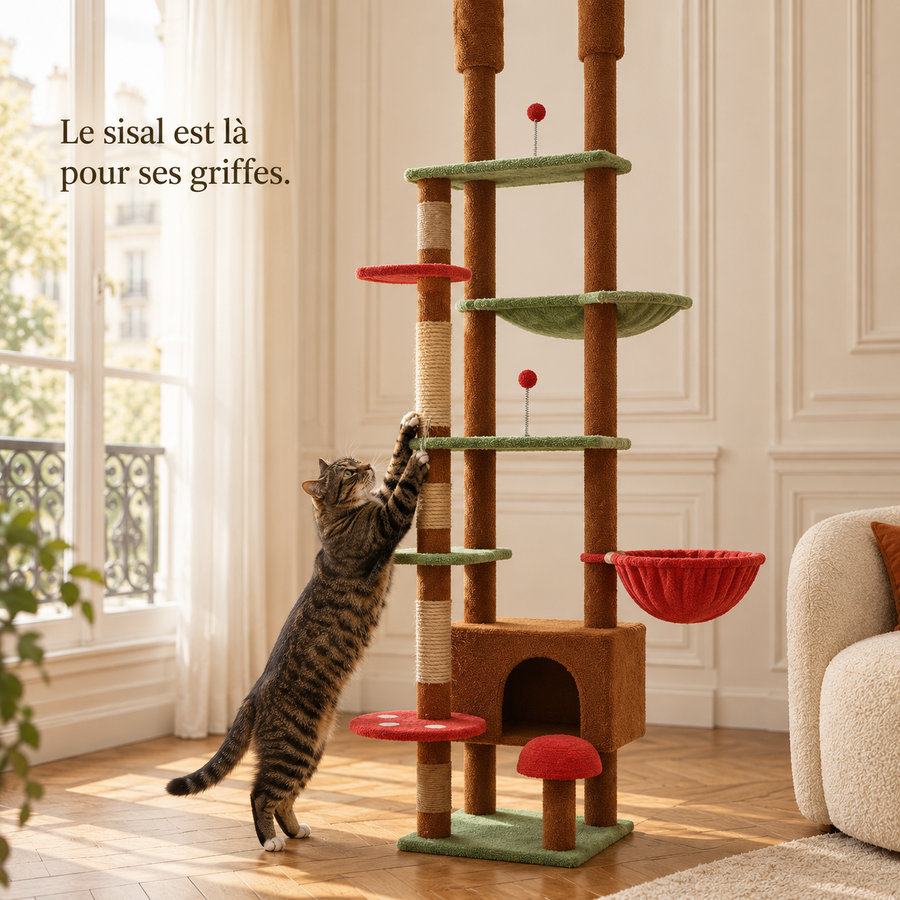 Chat qui griffe un poteau de sisal de l'arbre à chat sol-plafond brun