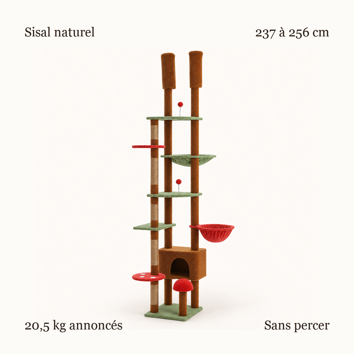 Synthèse de l'arbre à chat sol-plafond brun : sisal naturel, 237 à 256 cm, 20,5 kg annoncés, sans perçage