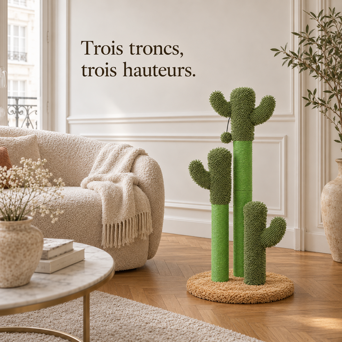 Griffoir cactus à base jute posé au sol près d'un canapé