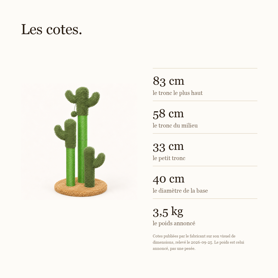 Cotes du griffoir cactus : troncs de 83, 58 et 33 cm, base de 40 cm, 3,5 kg