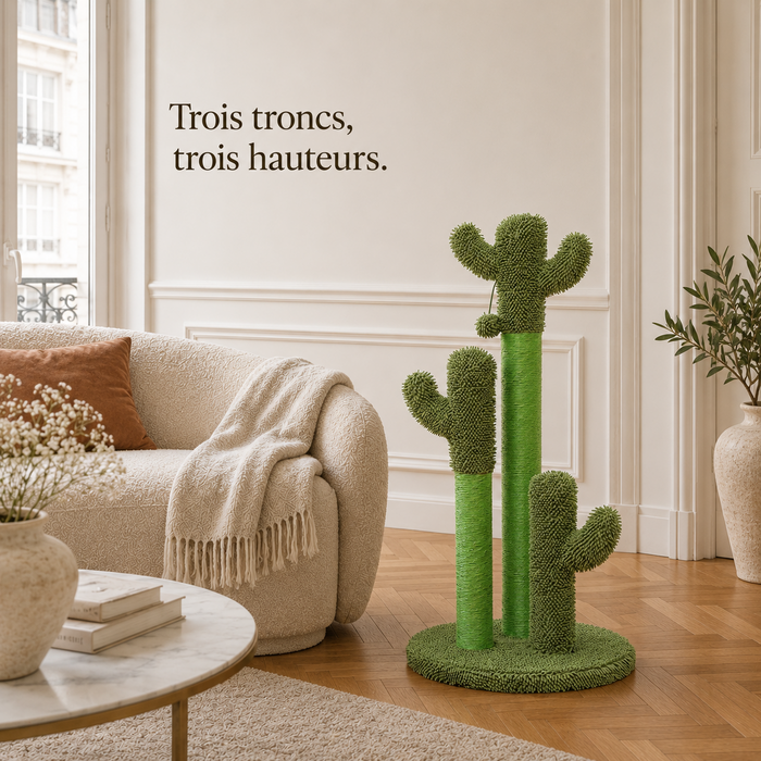 Griffoir cactus à base verte posé au sol près d'un canapé