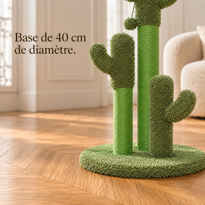 Base ronde verte de 40 cm du griffoir cactus, posée sur un parquet