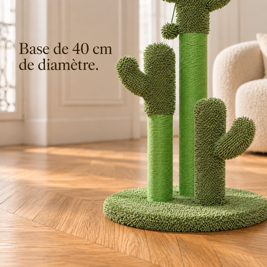 Base ronde verte de 40 cm du griffoir cactus, posée sur un parquet