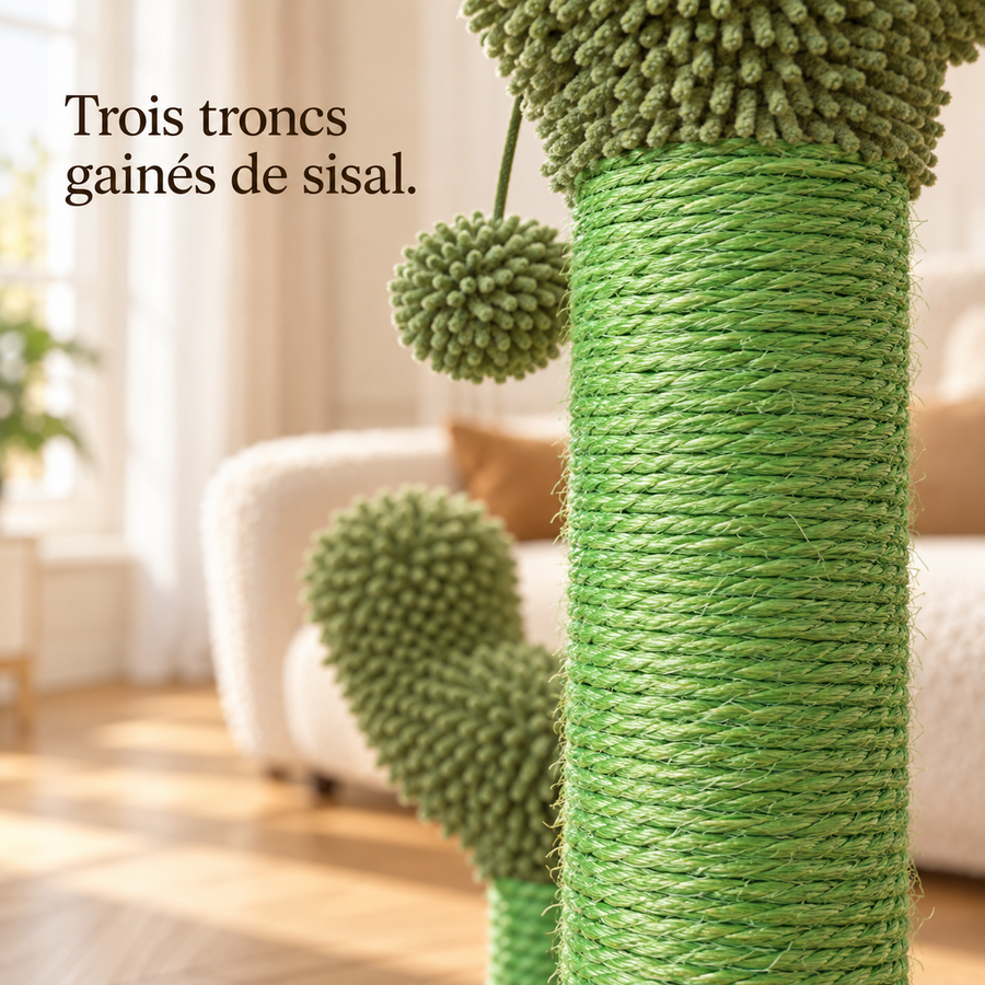 Corde de sisal enroulée sur un tronc du griffoir cactus, détail de matière