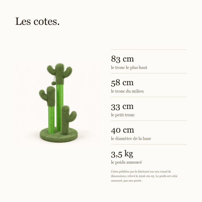 Cotes du griffoir cactus : troncs de 83, 58 et 33 cm, base de 40 cm, 3,5 kg