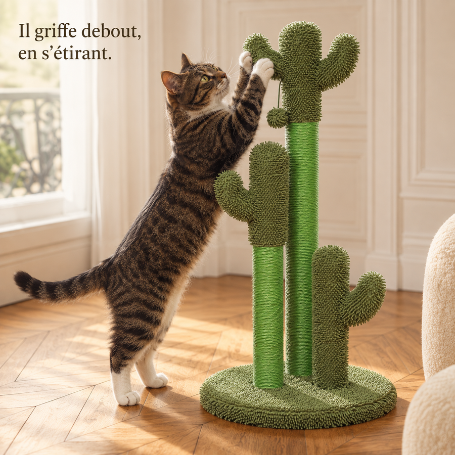 Chat dressé sur ses pattes arrière qui griffe le tronc le plus haut
