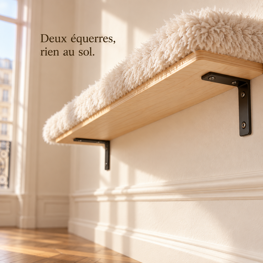 Équerres métalliques vissées sous une plateforme en bois clair, sol dégagé dessous