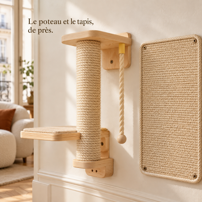Poteau et tapis en sisal naturel écru du modèle bois clair, détail de matière
