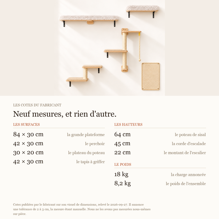 Les neuf cotes de l'ensemble mural en bois clair, sous une photo des cinq pièces