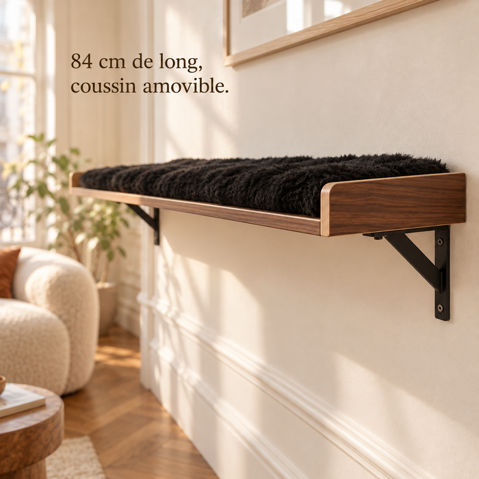 Grande plateforme de 84 cm en bois brun foncé et son coussin en peluche noire