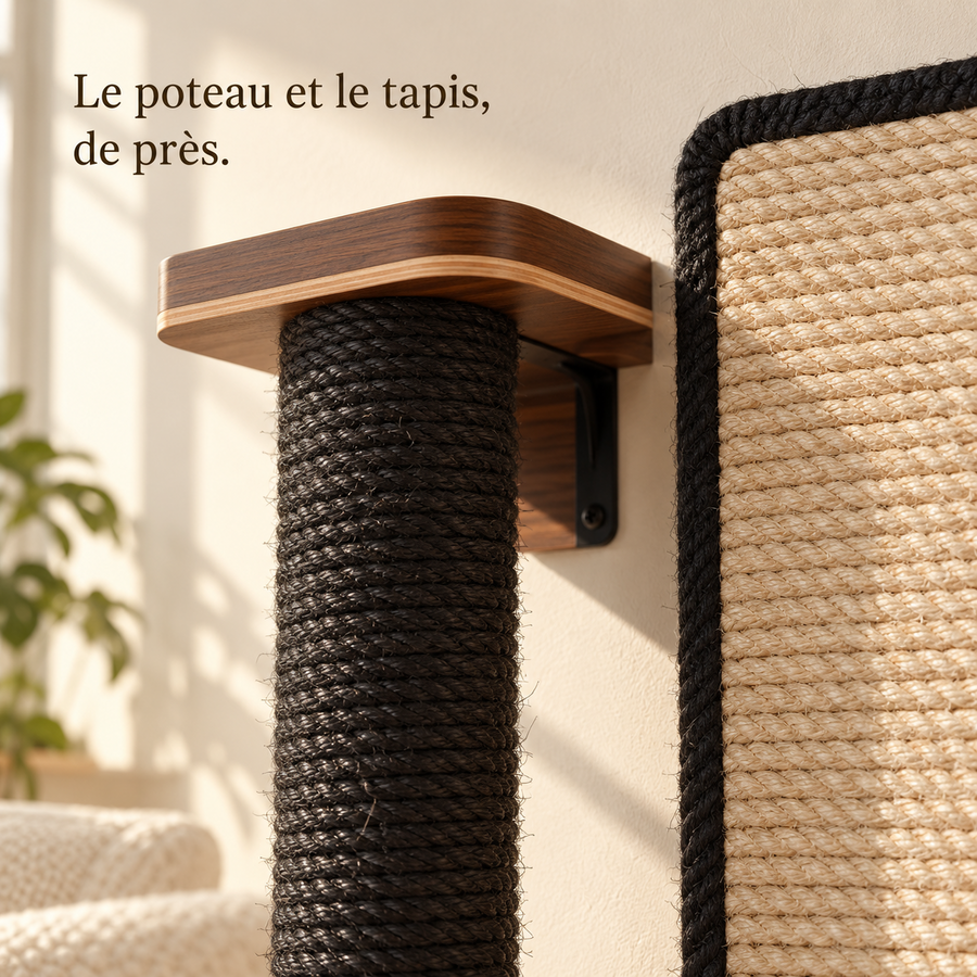 Poteau en sisal teinté noir et tapis en sisal écru bordé de noir, détail de matière