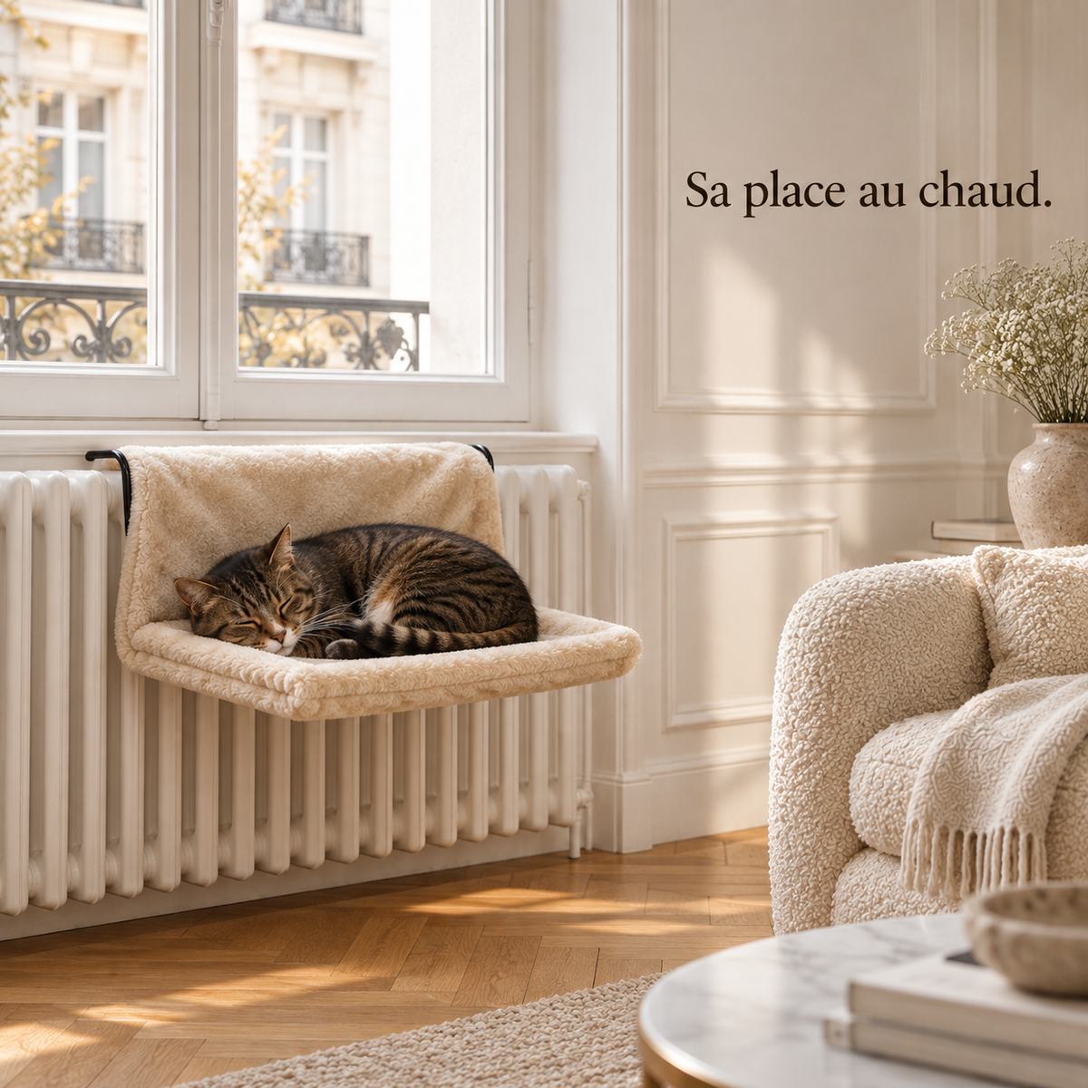 Chat endormi dans le hamac beige accroché au radiateur, sous la fenêtre du salon