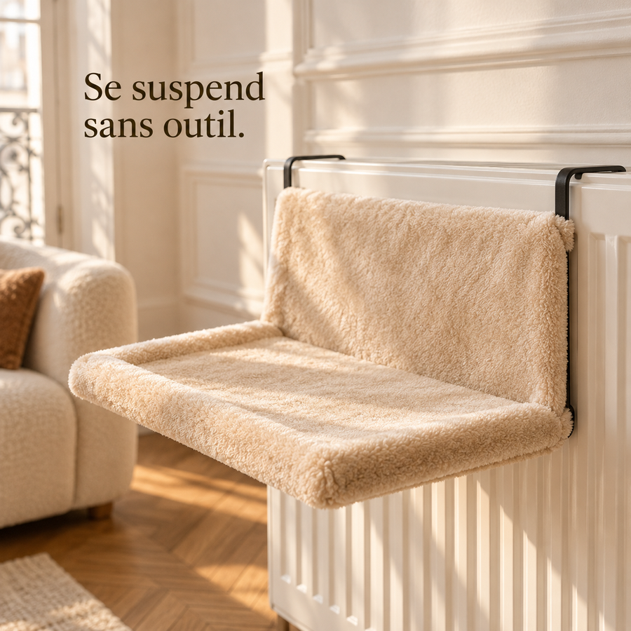 Crochets noirs du cadre posés sur le haut du radiateur, housse beige devant