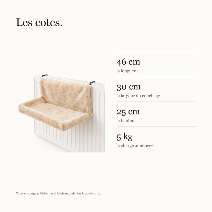 Cotes du hamac de radiateur : 46, 30 et 25 cm, charge annoncée de 5 kg