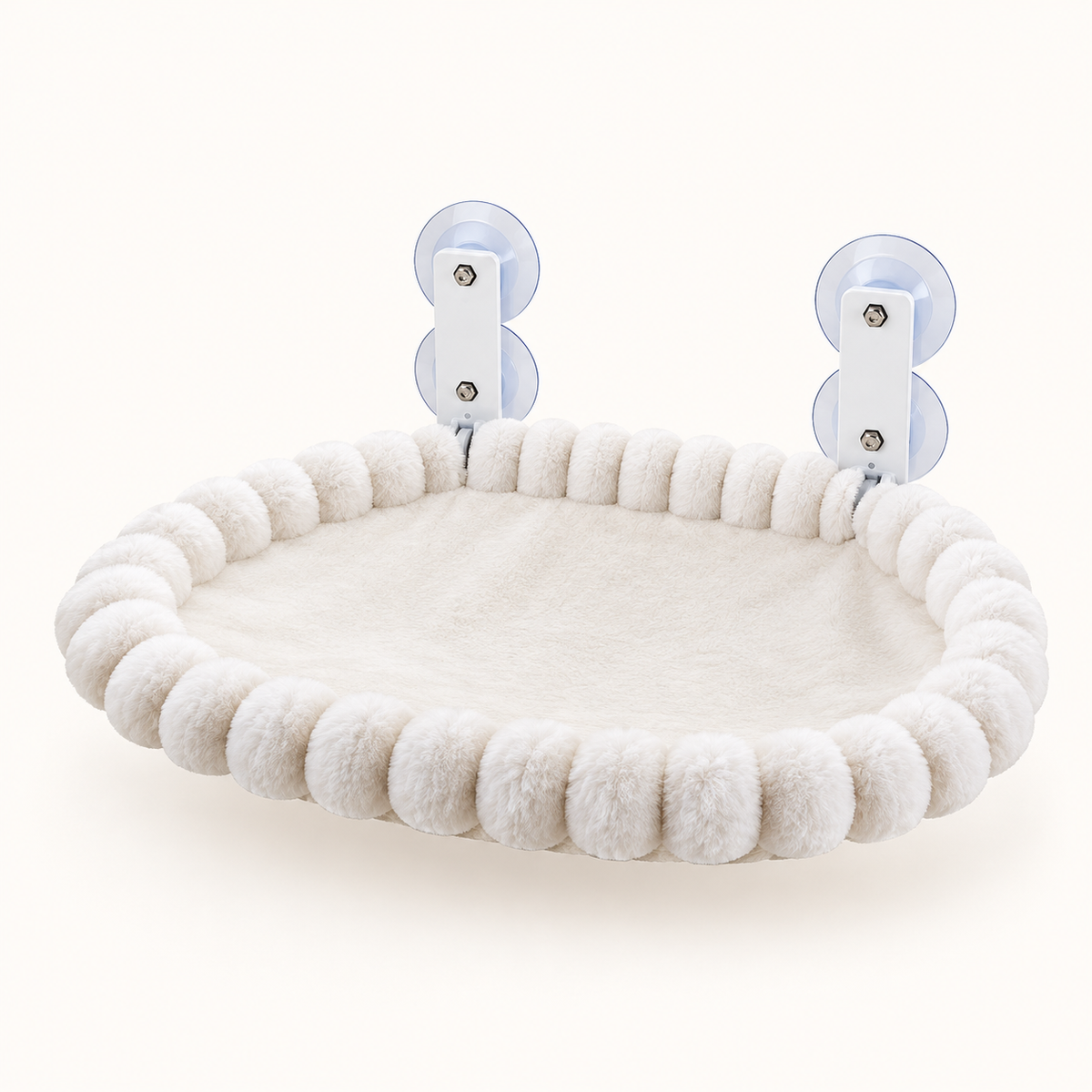 Hamac de fenêtre ovale pour chat, coussin crème et quatre ventouses, sur fond clair