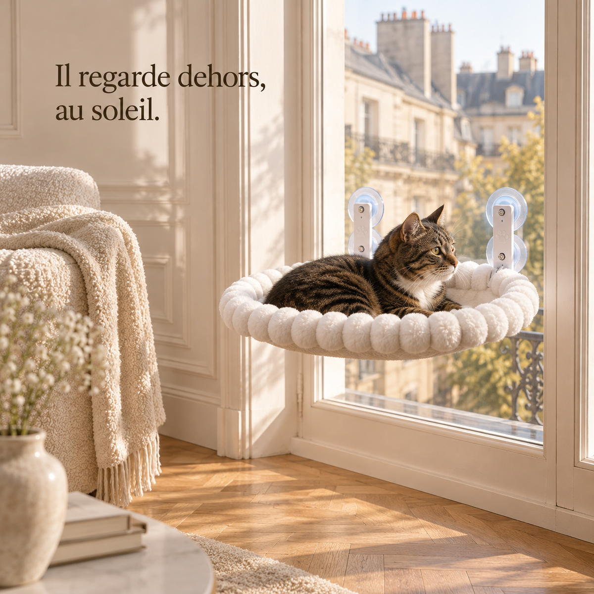 Chat couché dans le hamac collé à la vitre, regardant les toits dehors