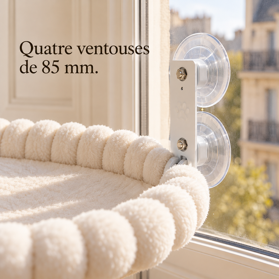 Support du hamac pressé sur la vitre par deux ventouses transparentes