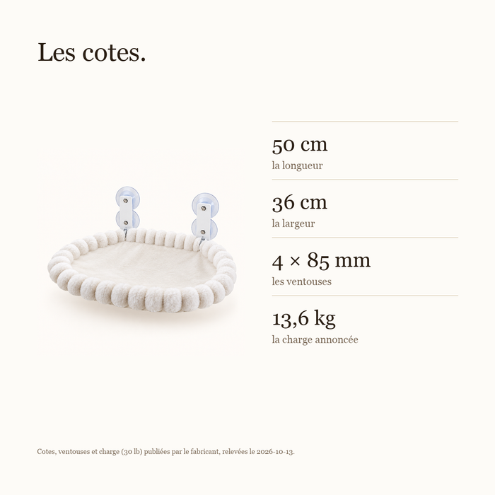 Cotes du hamac de fenêtre : 50 × 36 cm, ventouses de 85 mm, charge annoncée de 13,6 kg