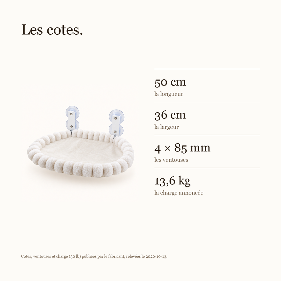 Cotes du hamac de fenêtre : 50 × 36 cm, ventouses de 85 mm, charge annoncée de 13,6 kg
