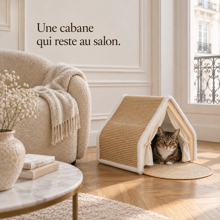 Cabane pour chat posée sur un parquet à côté du canapé, un chat couché à l'intérieur