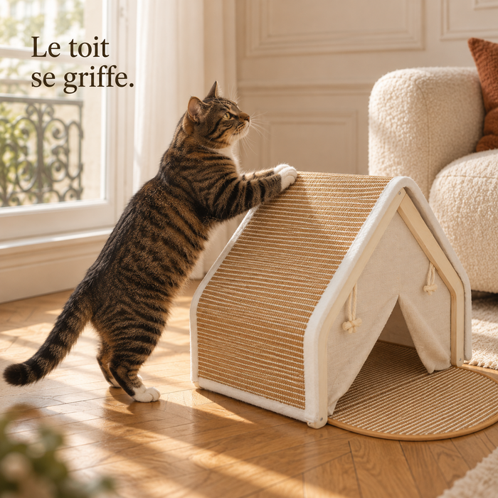 Chat dressé contre le toit en sisal de la cabane, en train de griffer