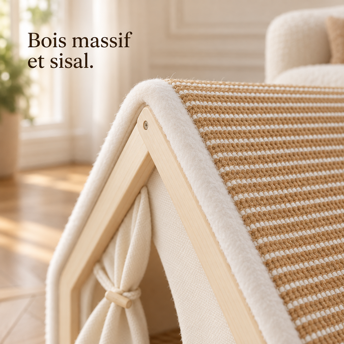 Jonction du cadre en bois et du toit en sisal, vue de près