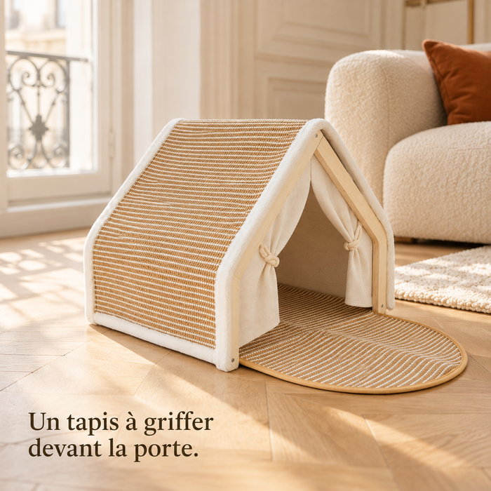 Tapis à griffer en sisal devant l'entrée de la cabane