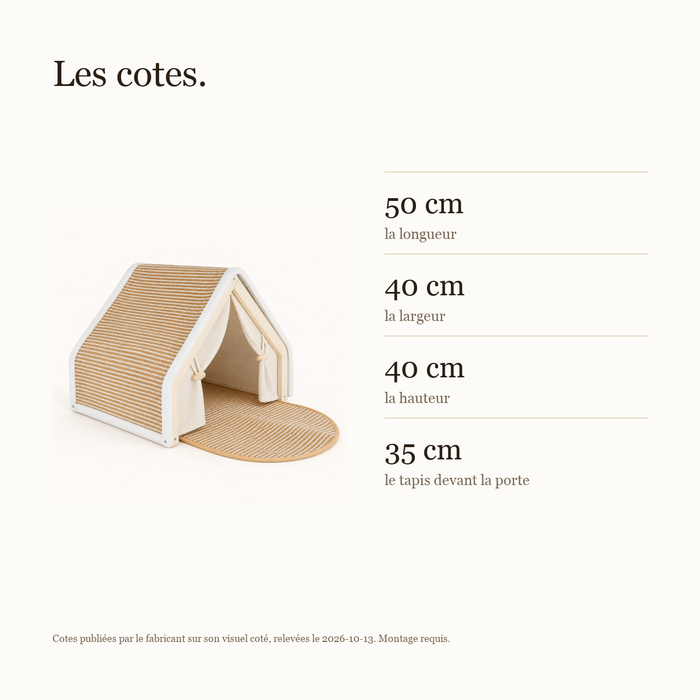 Cotes de la cabane pour chat : 50, 40 et 40 cm, tapis de 35 cm