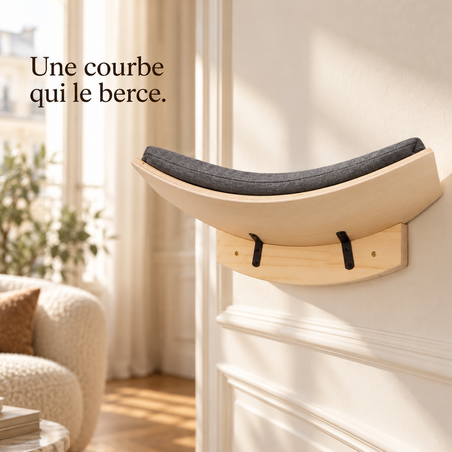 Courbe de la planche du perchoir mural et son coussin gris, vues de côté