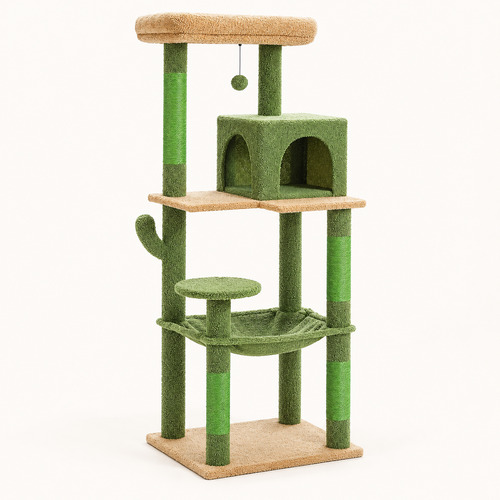 Arbre à chat cactus vert de 143 cm, niche, hamac et perchoir, sur fond clair