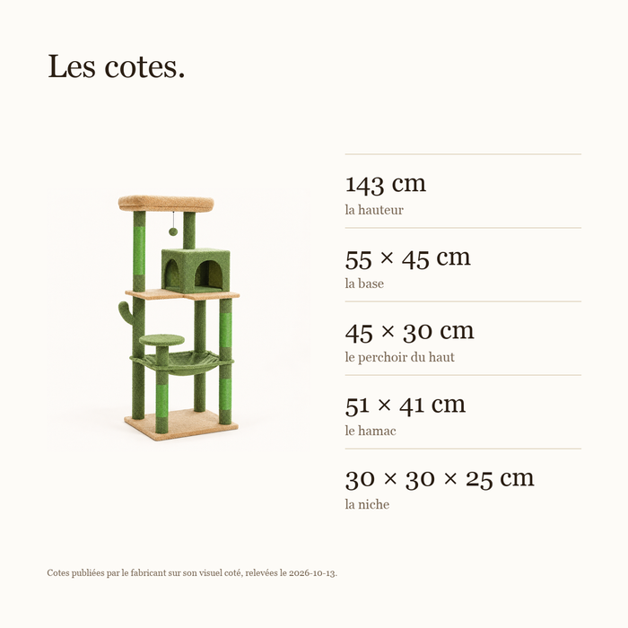 Cotes de l'arbre à chat cactus : 143 cm de haut, base de 55 × 45 cm