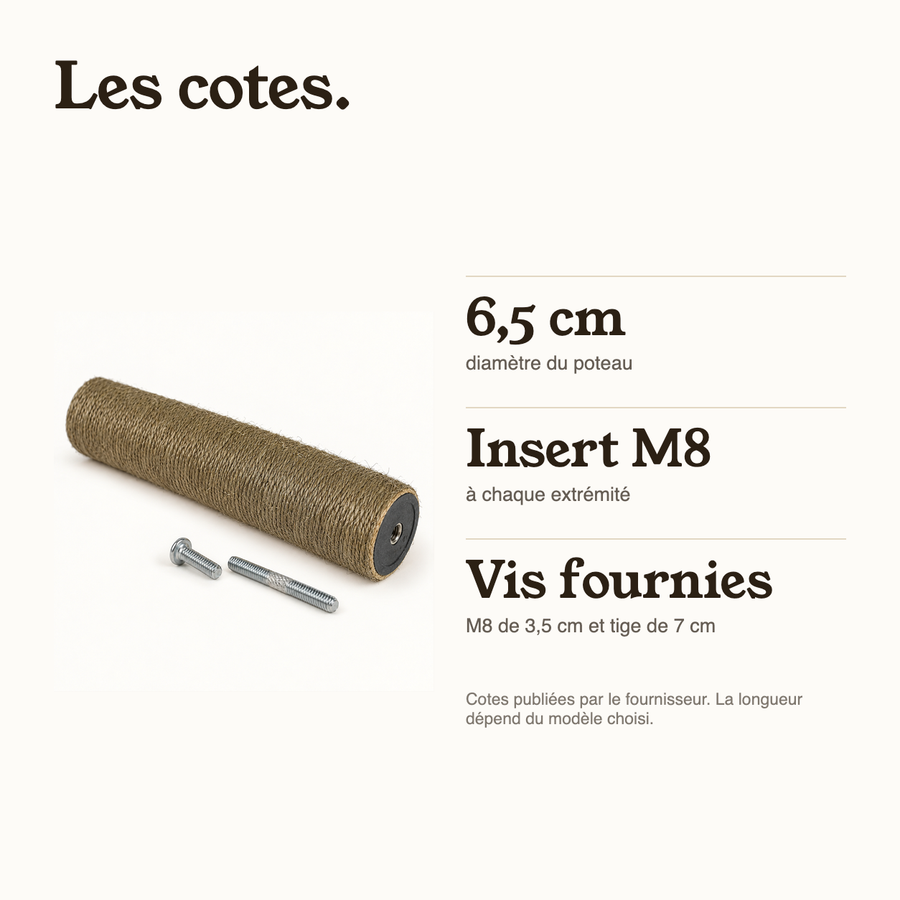 Cotes du poteau de rechange : 6,5 cm de diamètre, insert M8, vis fournies