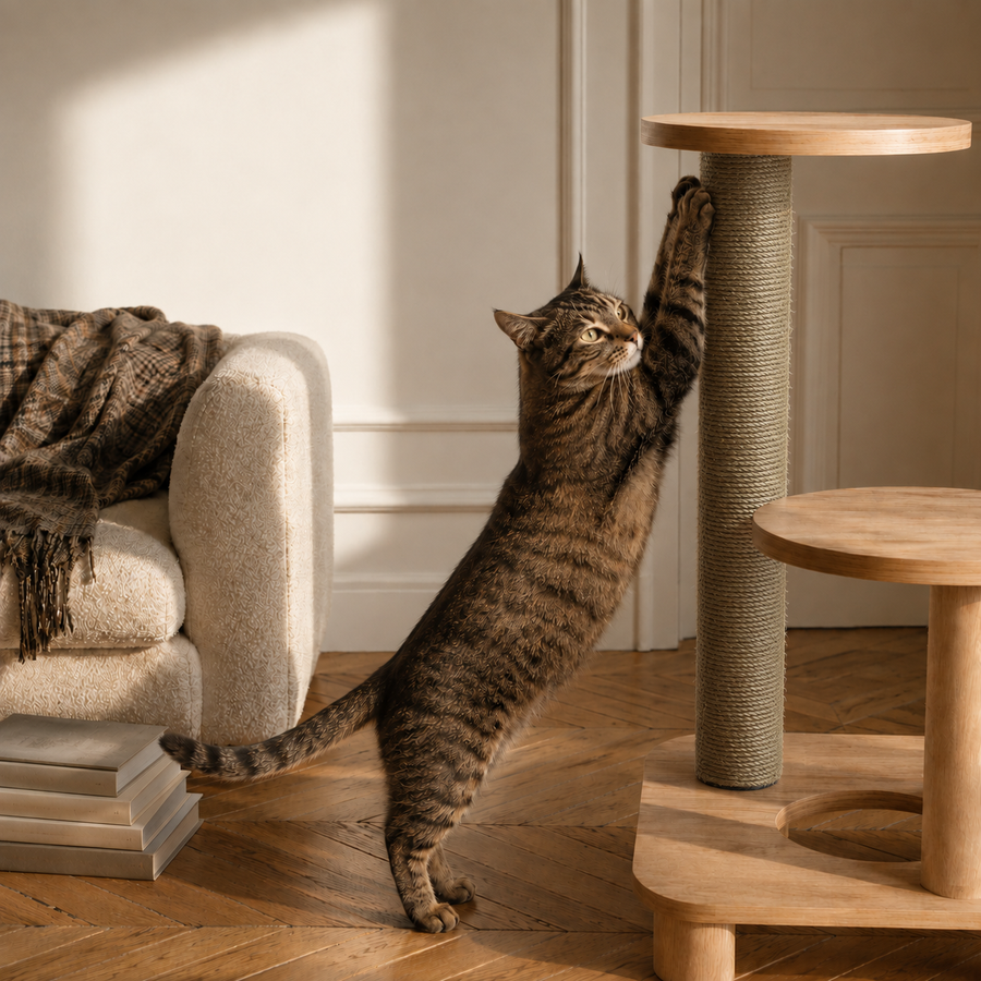 Chat qui griffe le poteau de rechange en sisal brun remonté sur son arbre