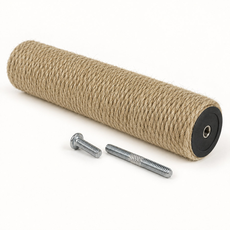 Poteau de rechange en jute et sa visserie, vue d'ensemble sur fond neutre