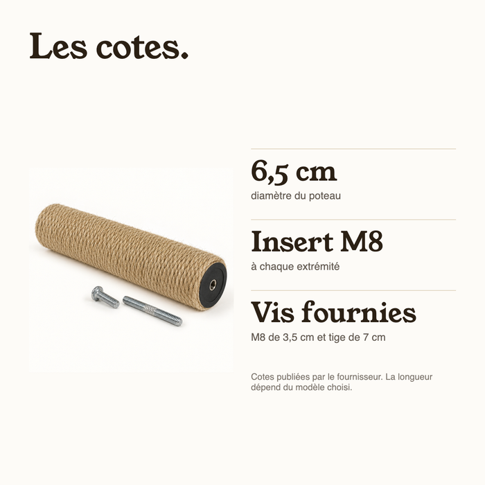 Cotes du poteau de rechange : 6,5 cm de diamètre, insert M8, vis fournies