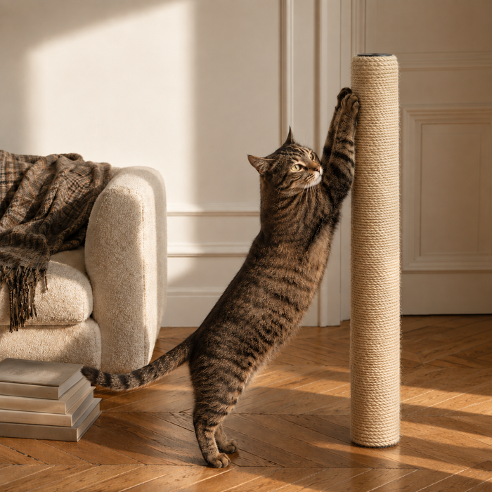 Chat qui griffe le poteau de rechange en jute remonté sur son arbre