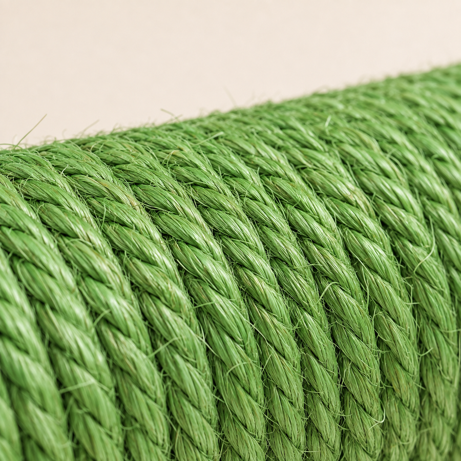 Corde de sisal vert enroulée serré sur le poteau, détail de matière