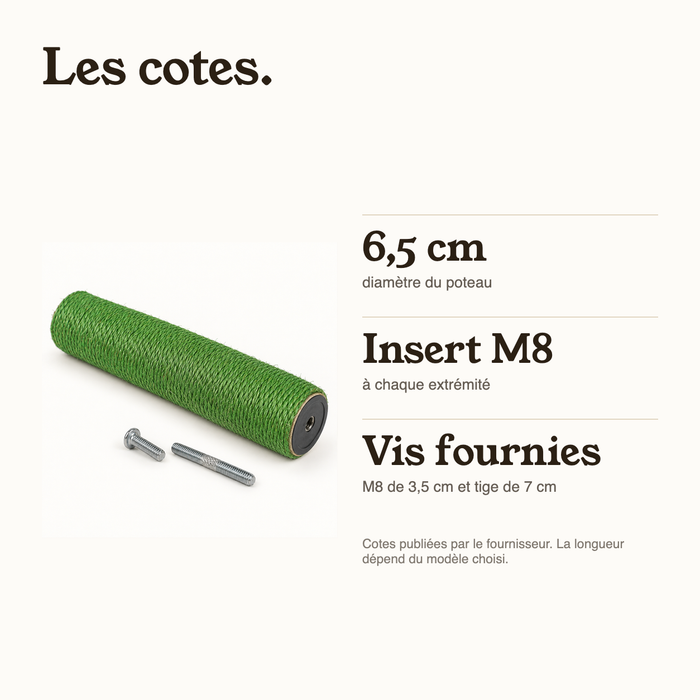 Cotes du poteau de rechange : 6,5 cm de diamètre, insert M8, vis fournies