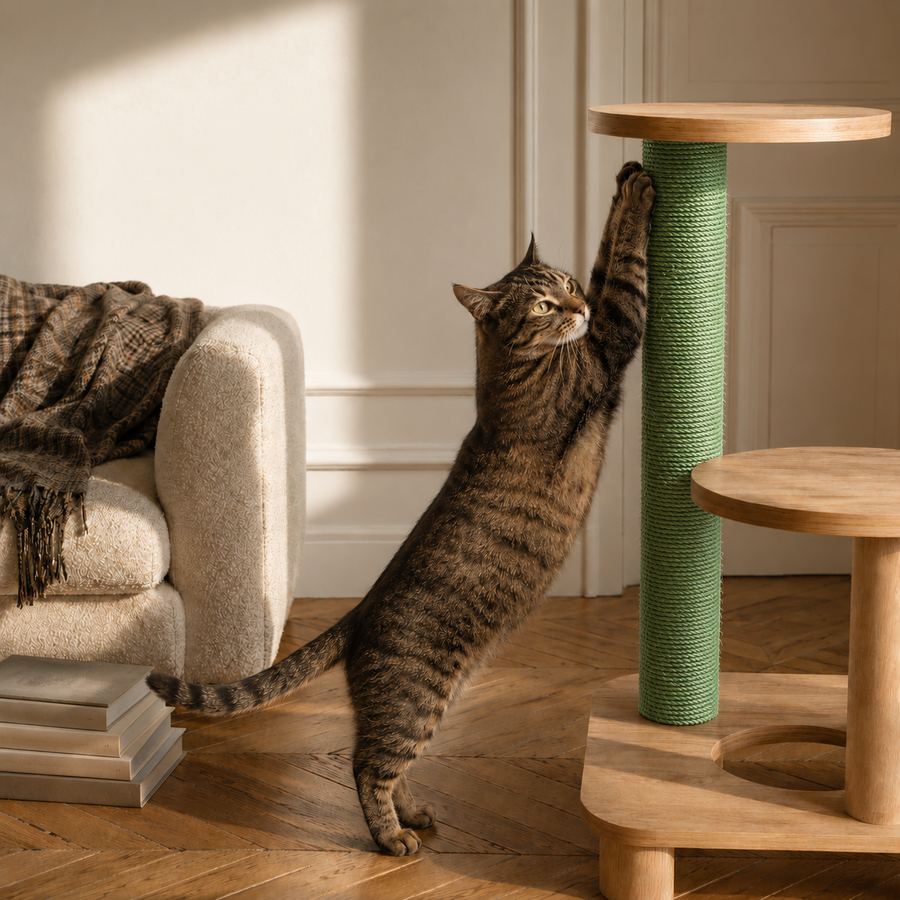 Chat qui griffe le poteau de rechange en sisal vert remonté sur son arbre