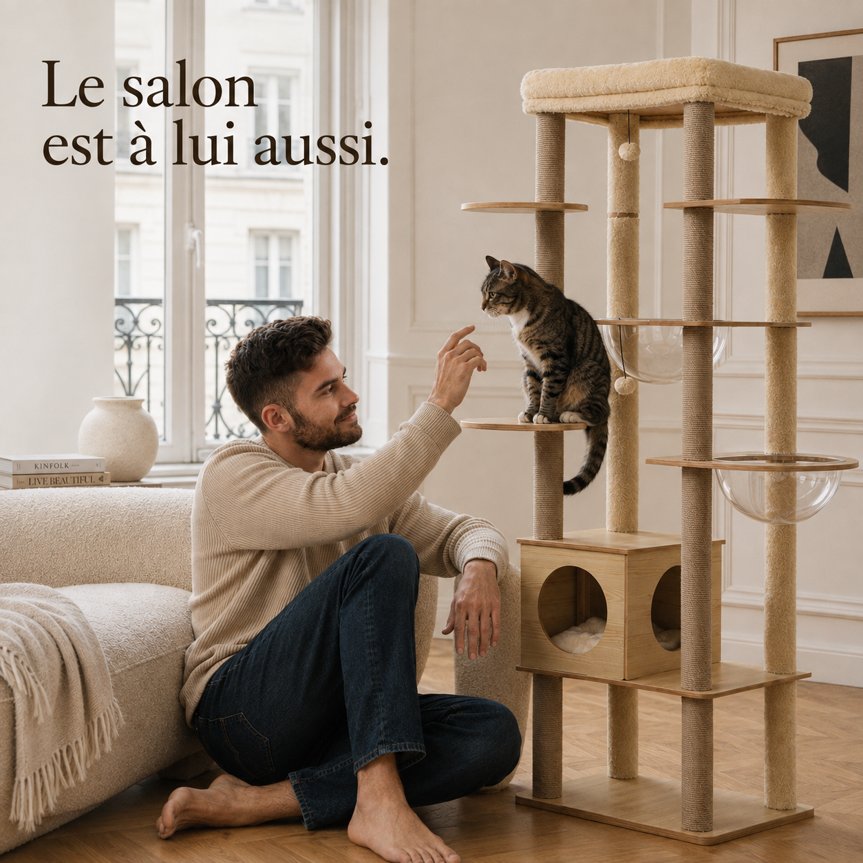 Un homme et son chat au salon près de l'arbre à chat